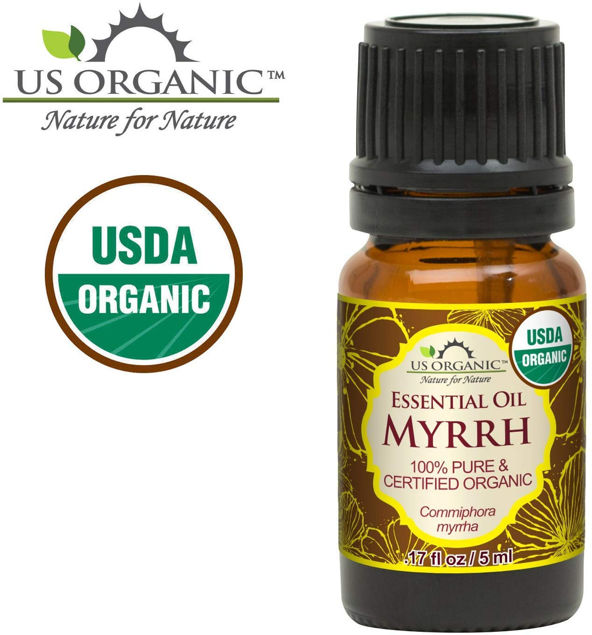 US Organic glass dropper dispensing myrrh oil highlighting precise application