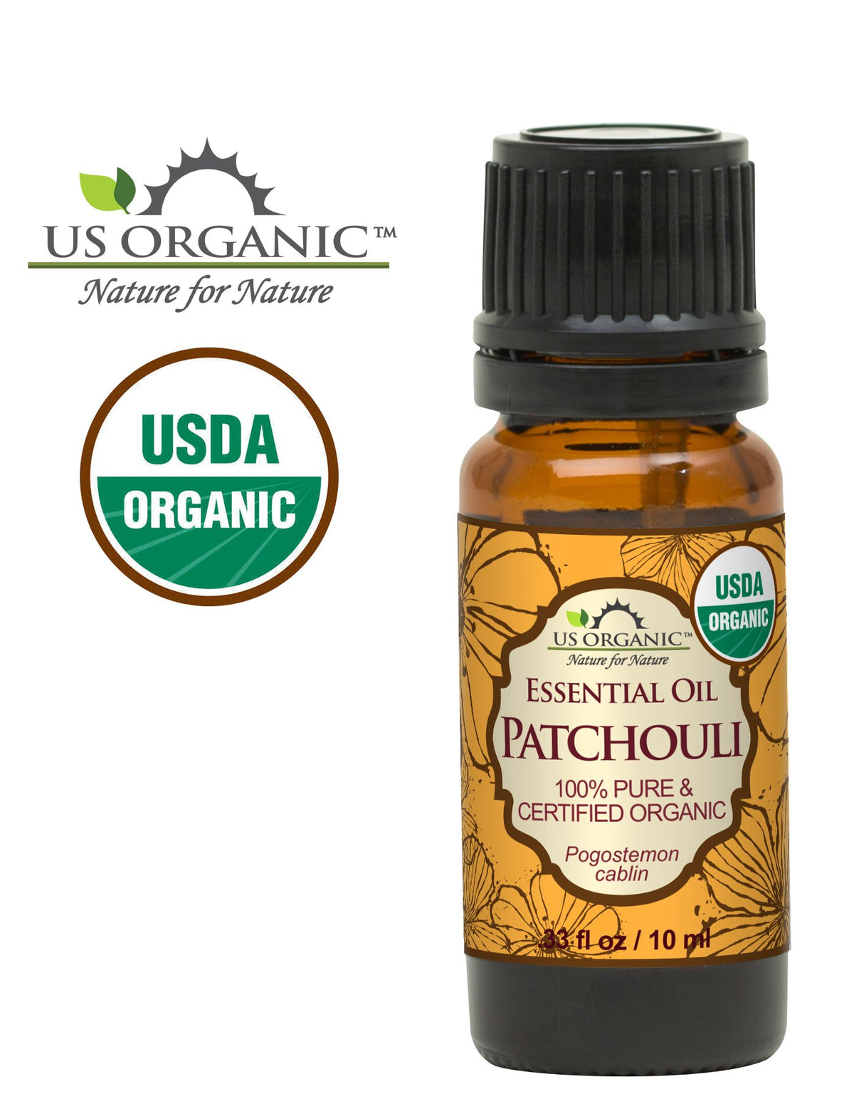 US Organic glass bottle label highlighting Pogostemon cablin origin