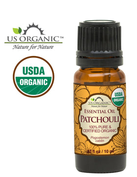 US Organic glass bottle label highlighting Pogostemon cablin origin