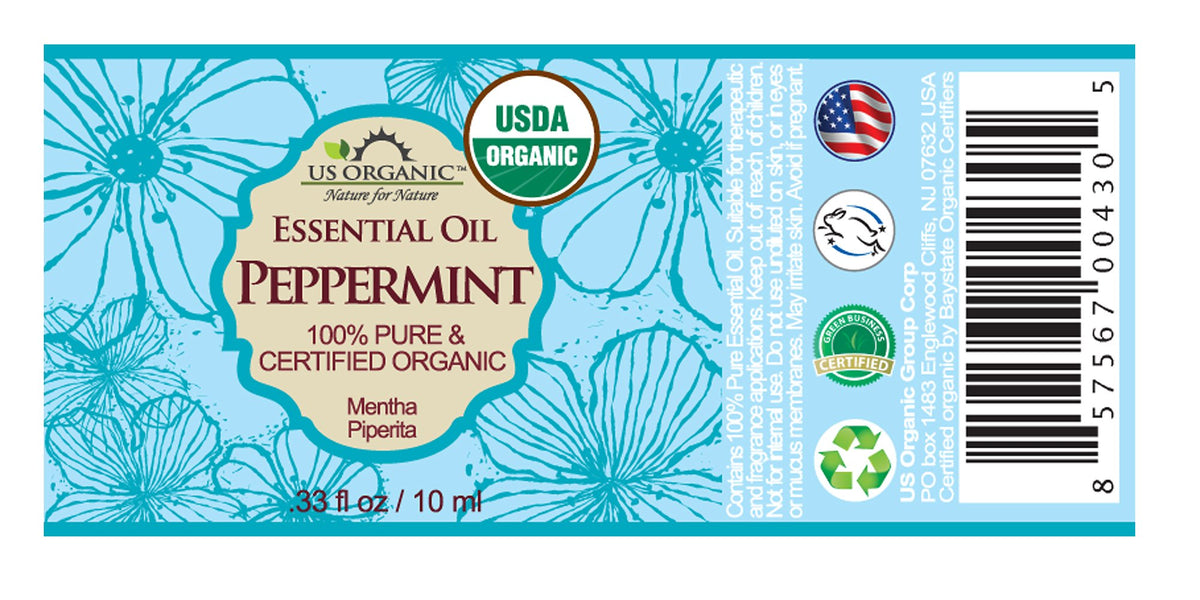 US Organic 10 ml peppermint bottle beside a coin for size and scale reference