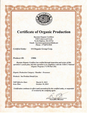 US Organic bottle label and USDA certification badges highlighting quality credentials