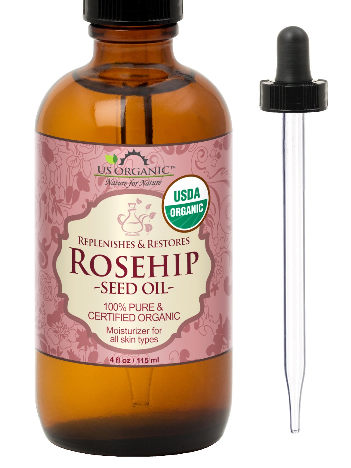 US Organic front packaging showing amber bottle for UV protection and purity
