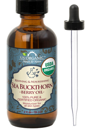 US Organic amber bottle front view showing pure sea buckthorn oil benefits