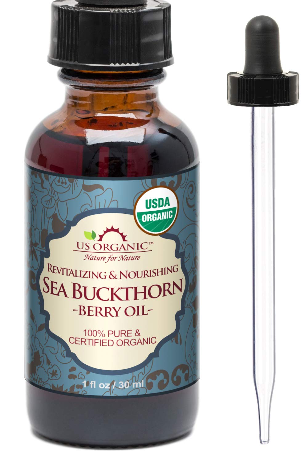 US Organic front label on amber bottle showing product identity and organic seal