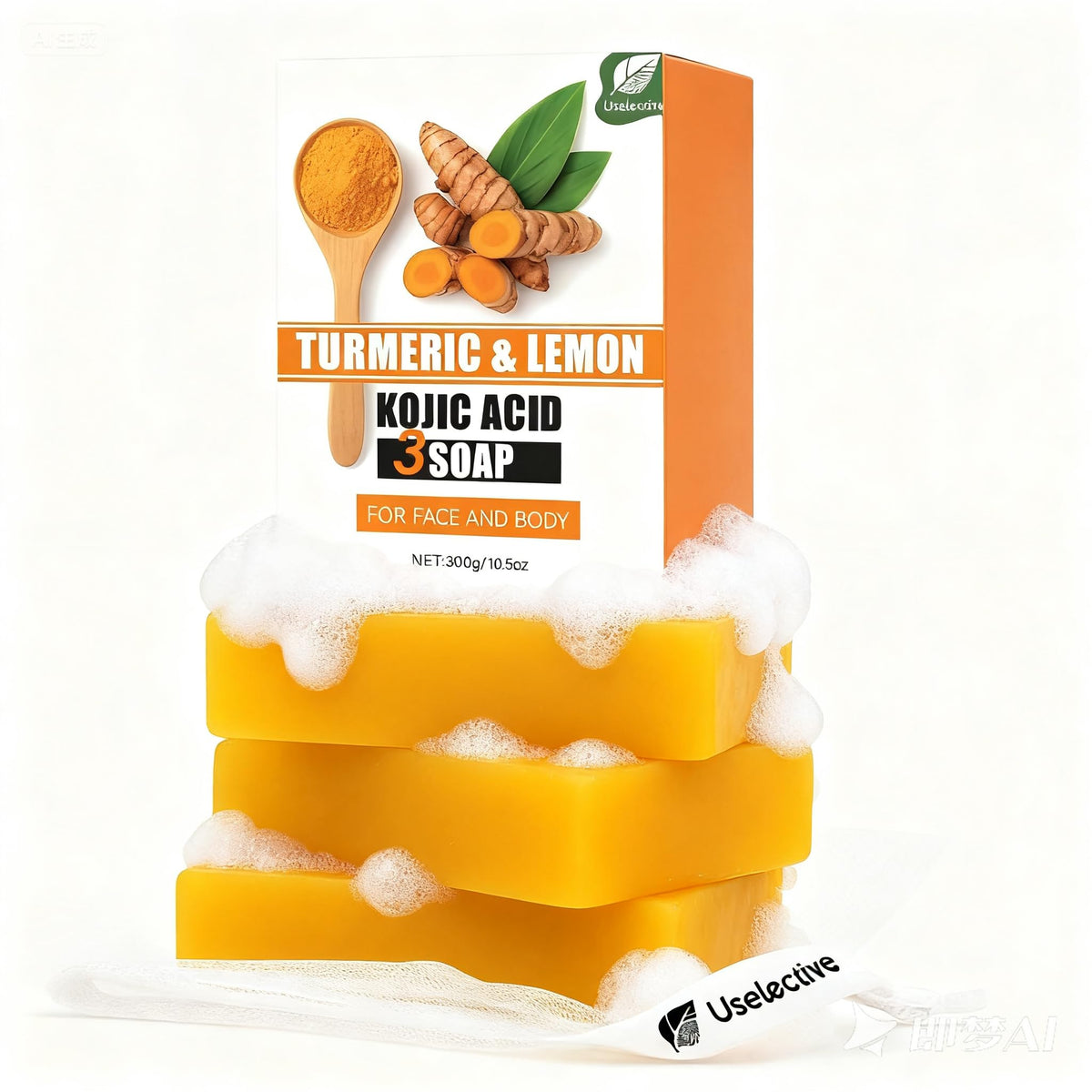 Uselective front packaging showing three brightening soap bars for at-home use