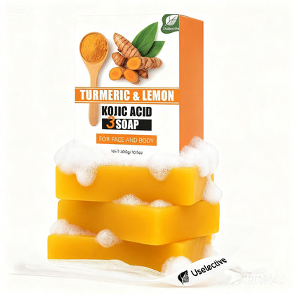 Uselective front packaging showing three brightening soap bars for at-home use