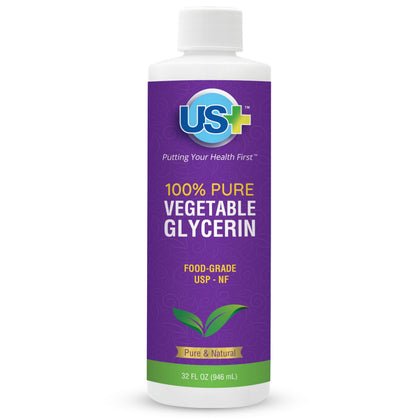 US+ 32oz front bottle showing clear glycerin and simple label, useful for supply stocking