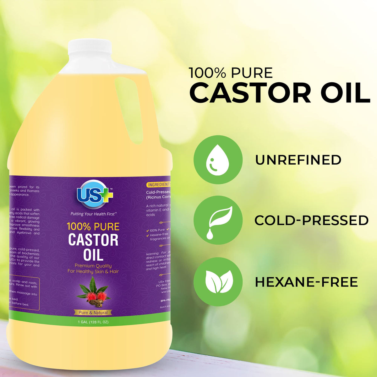 US+ castor oil thick golden texture close-up illustrating purity and moisturizing benefit