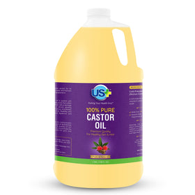 US+ castor oil one-gallon bottle front view showing label and packaging benefit of bulk supply