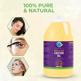 US+ castor oil being poured into a small pump bottle showing convenient transfer for daily use