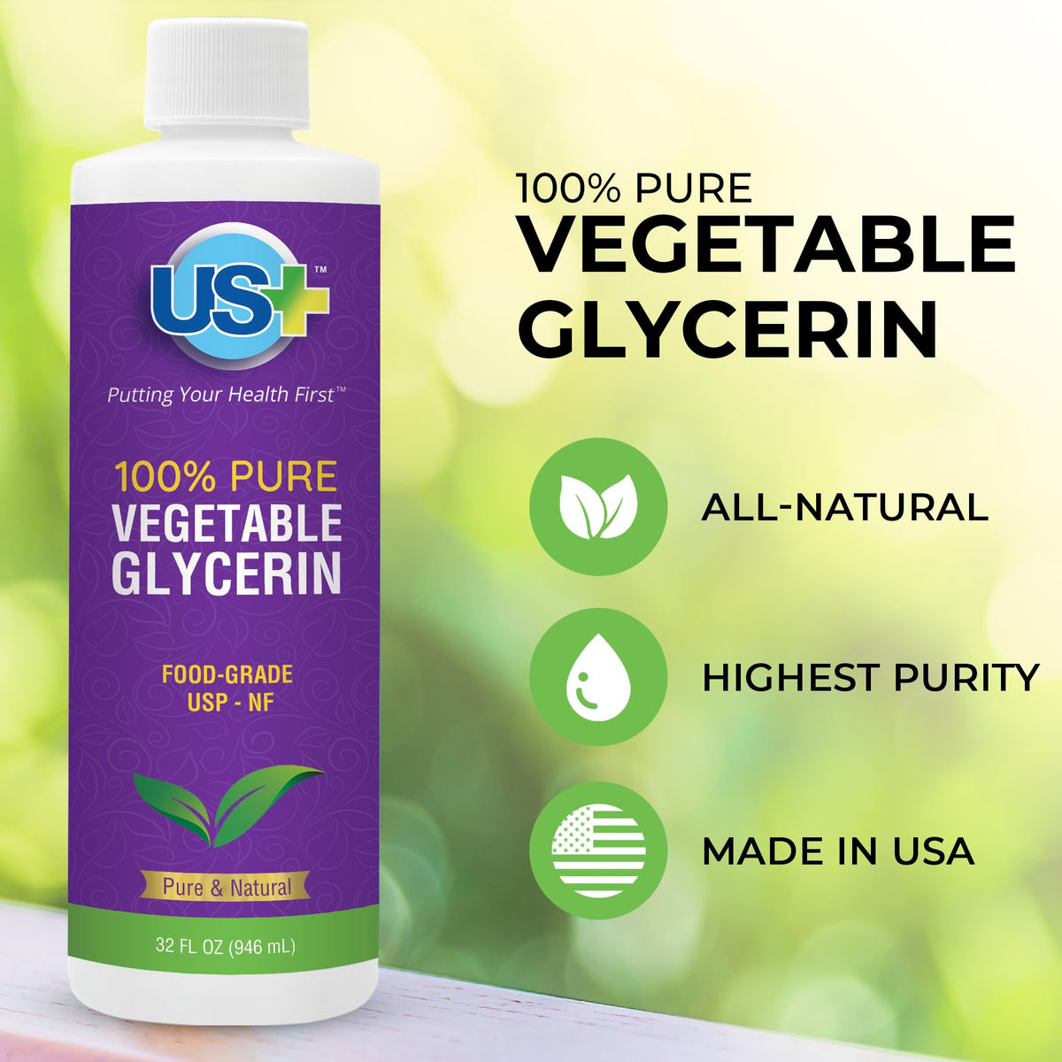 Close-up of US+ glycerin pouring from bottle, demonstrating smooth texture for easy blending