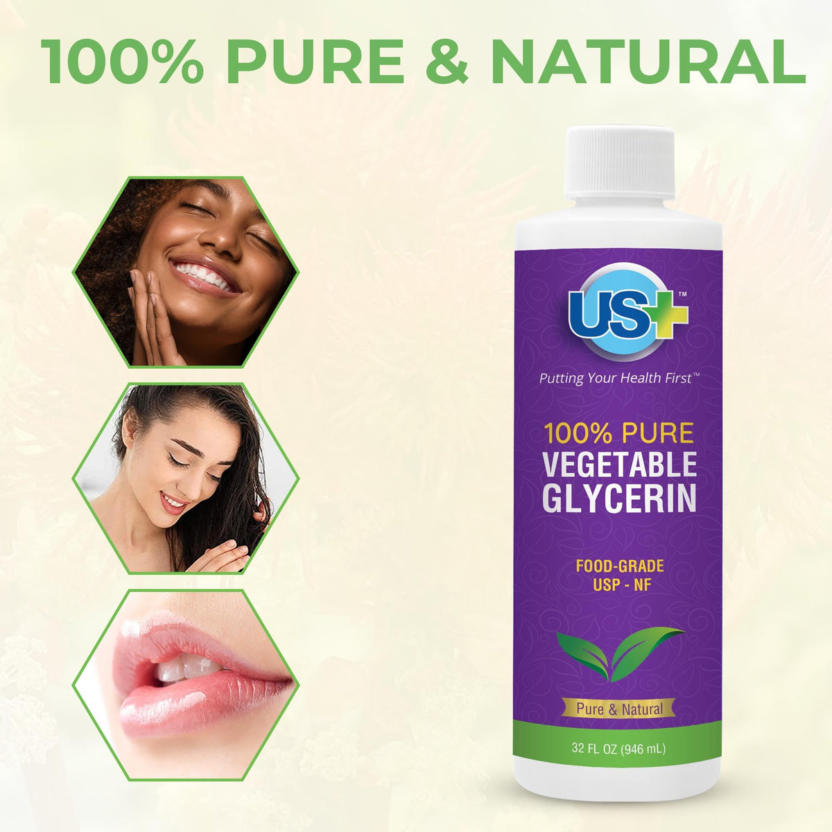 Applying US+ glycerin to skin from dropper for hydration benefits in skincare routines