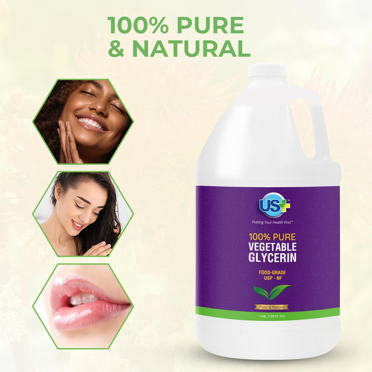 US+ product label detail showing USP grade and ingredient transparency benefit