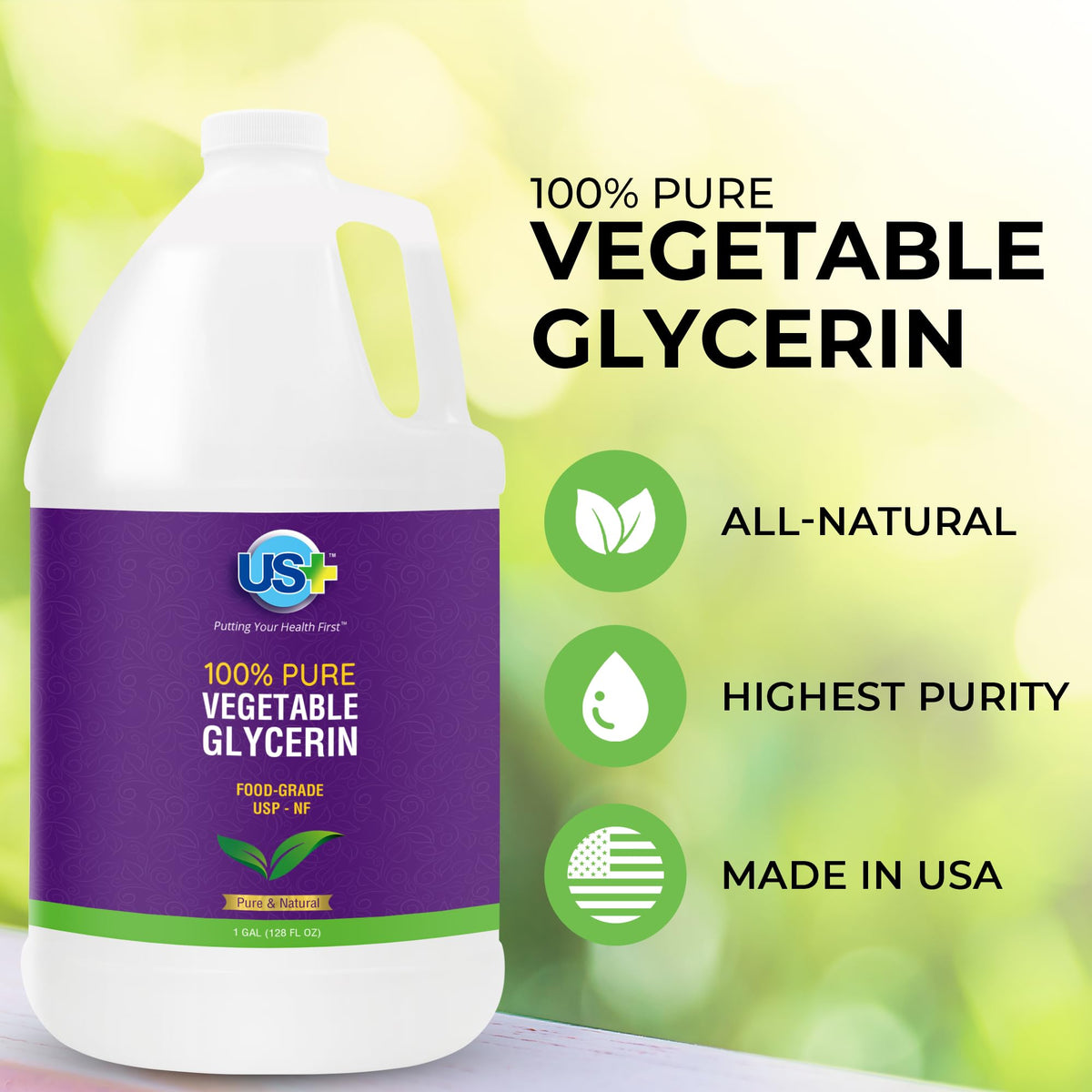 US+ glycerin pour close-up highlighting smooth texture and easy blending benefit
