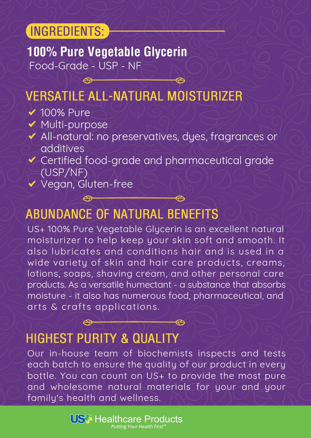 Label close-up on US+ bottle highlighting USP and food-grade certification for formulation confidence