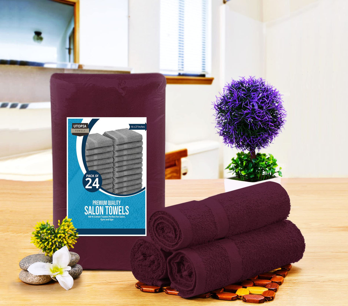 Utopia Towels folded burgundy stack demonstrating color and storage convenience