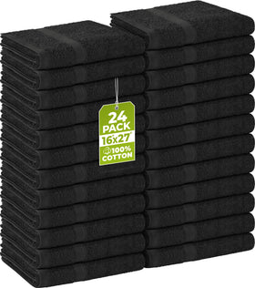 Utopia Towels front pack showing 24 black salon towels and professional look