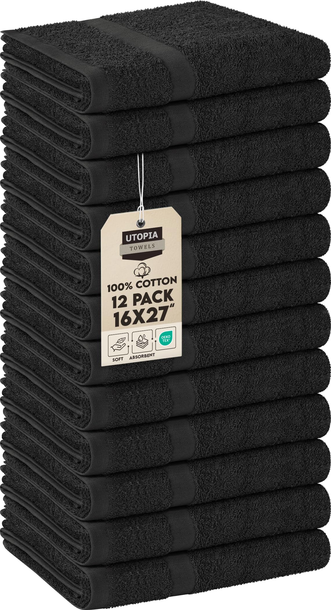 Utopia Towels front packaging showing pack of 12 black salon towels for professional use