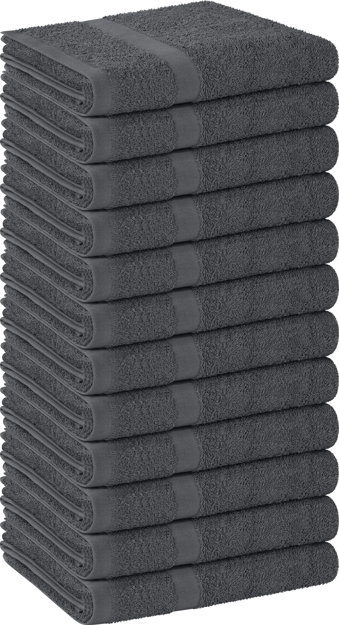 Utopia Towels front pack showing twelve grey salon towels and professional supply benefit