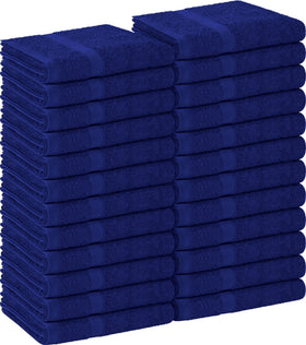 Utopia Towels front packaging showing 24 royal blue towels and compact pack benefit