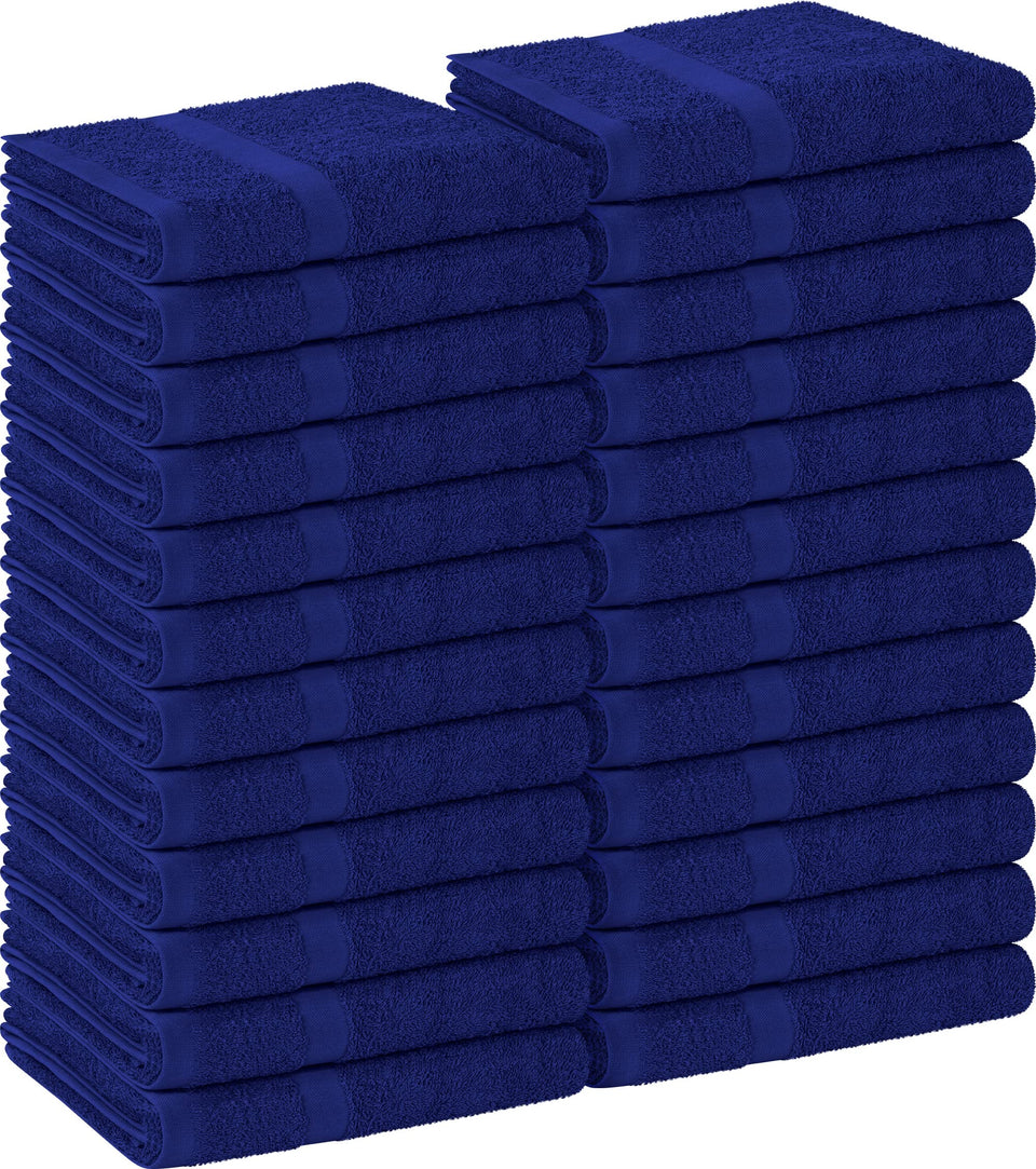 Utopia Towels front packaging showing 24 royal blue towels and compact pack benefit