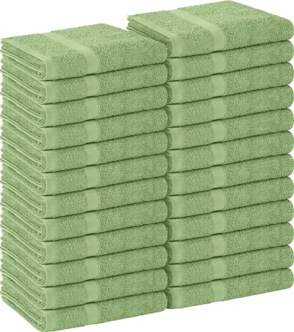 Utopia Towels stacked sage green pack showing neat bulk and professional look