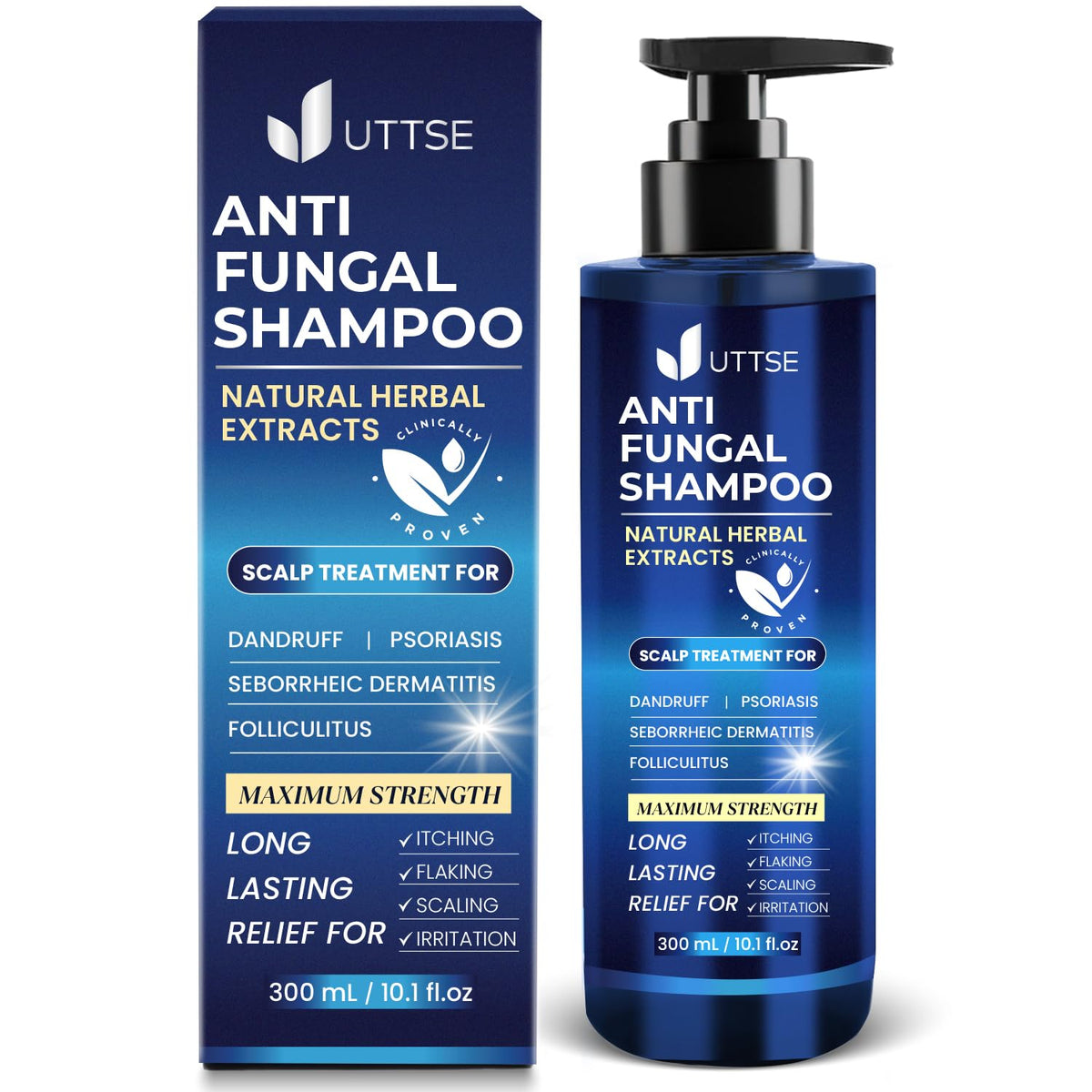 uttse front packaging 300ml showing bottle and clear benefit of targeted scalp care