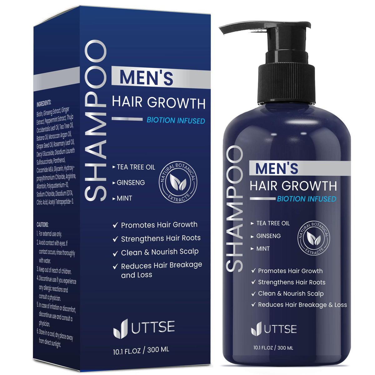 uttse front packaging dark blue bottle showing size and brand benefits