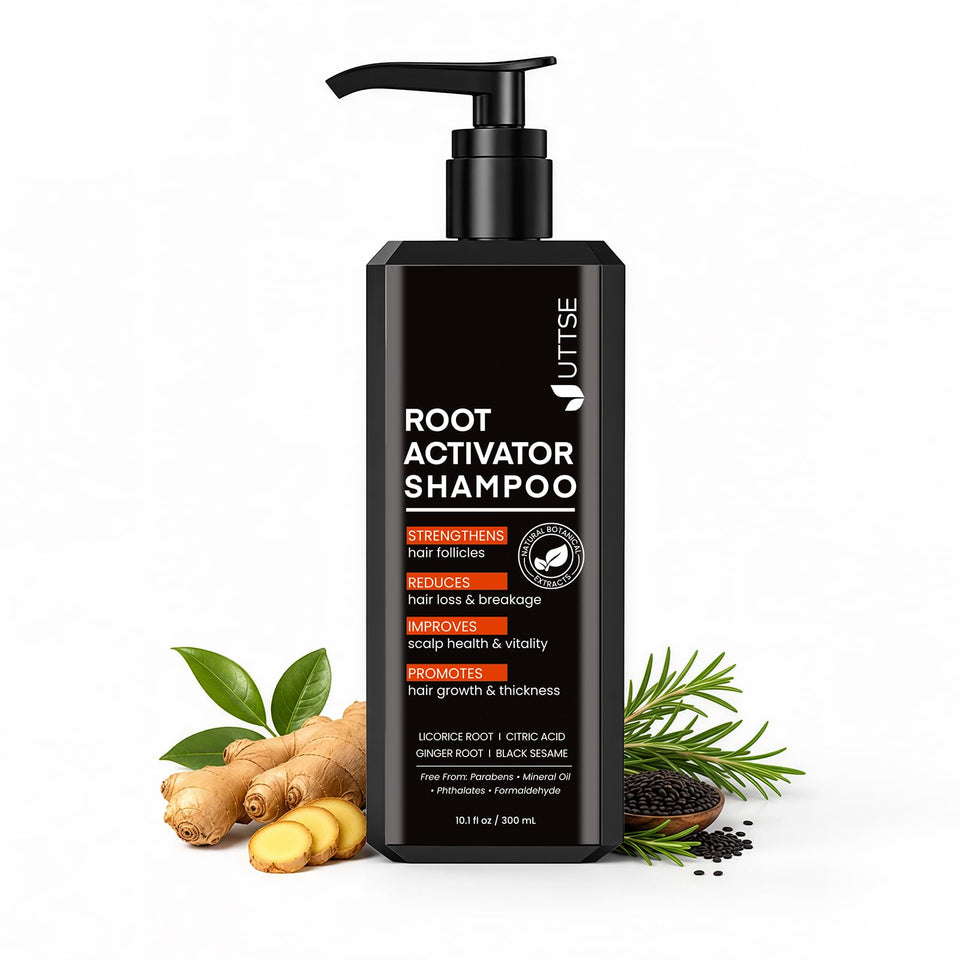 Uttse front packaging showing bottle and label benefits for thicker-looking hair