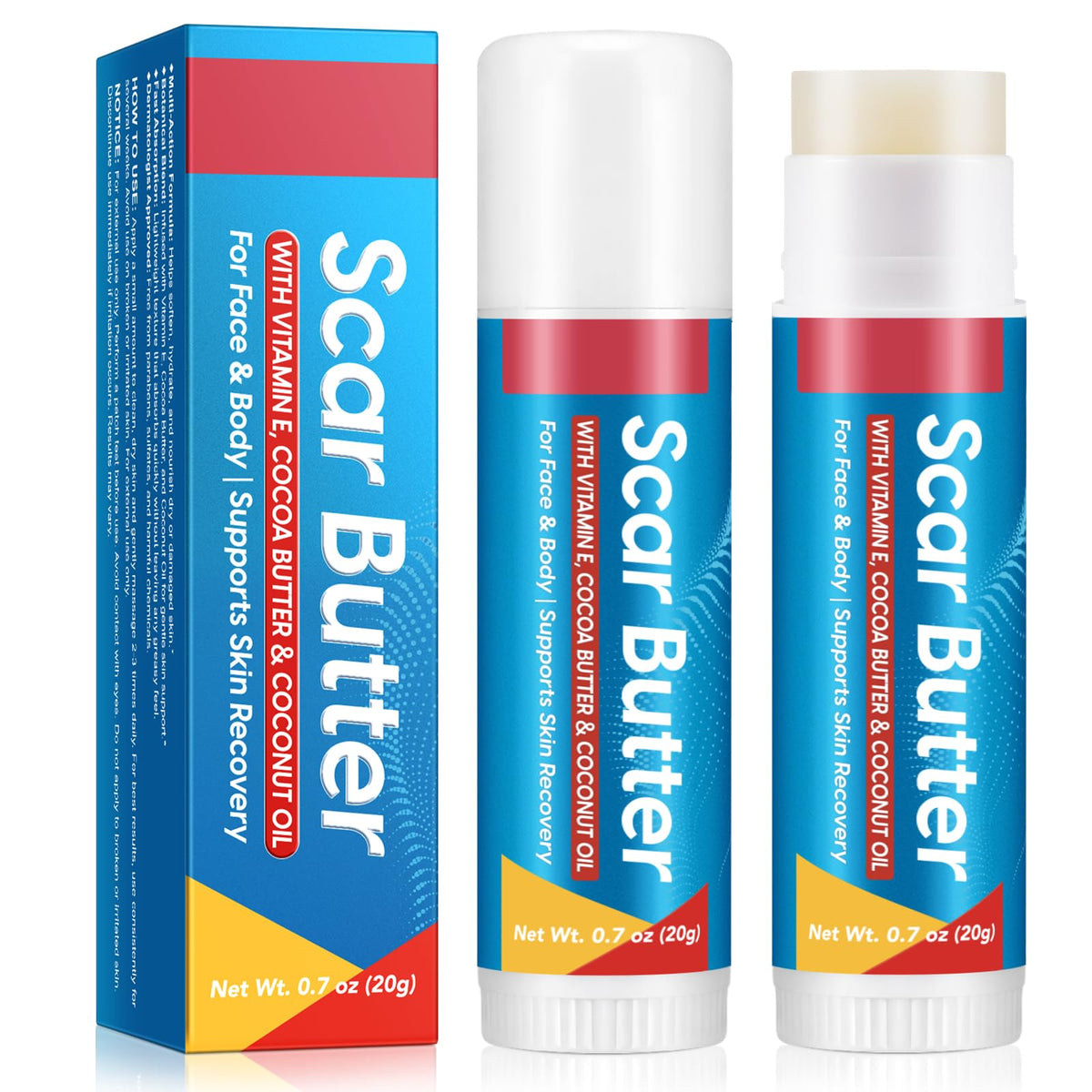 UXENPHXF front packaging of scar butter stick showing compact travel-friendly tube for easy use