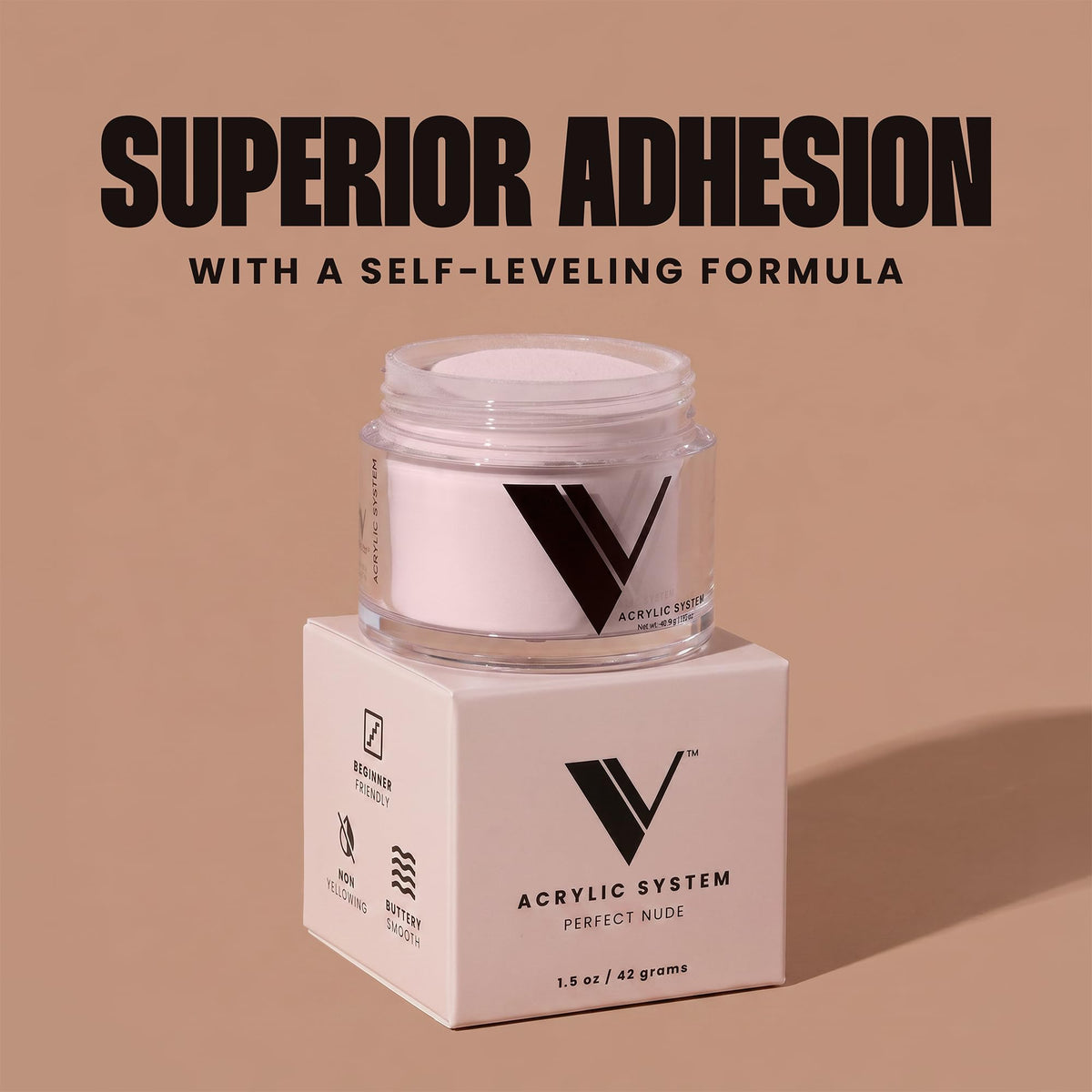 V Beauty Pure finished nude acrylic manicure displayed in studio setting