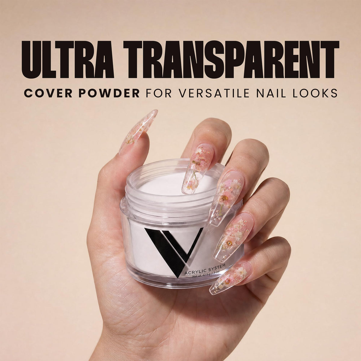 V Beauty Pure 1.5 oz jar in hand indicating compact size and salon-ready supply