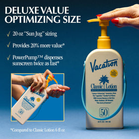 VACATION 20oz bottle held in hand showing family-size value benefit