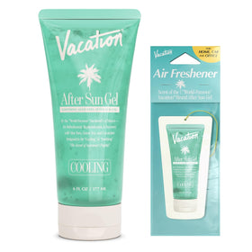 VACATION front packaging showing gel bottle and air freshener, cooling benefit