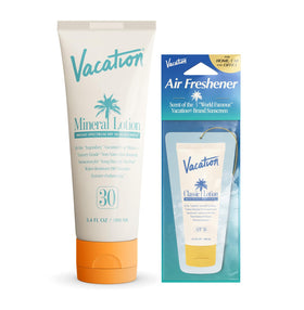 VACATION bundle front packaging showing sunscreen and air freshener for travel convenience