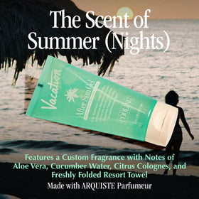 VACATION label and ingredient list detail, highlights clean formula