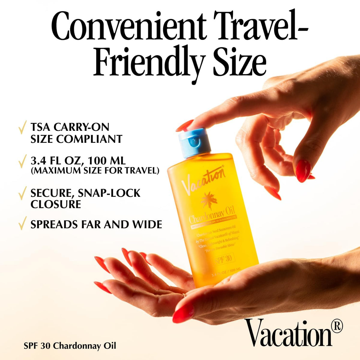 VACATION bottle in hand for scale to highlight 3.4 fl oz travel-friendly size