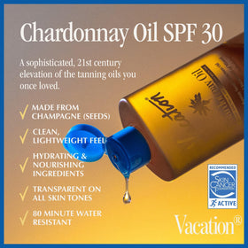VACATION oil close-up pour showing lightweight texture and quick absorption
