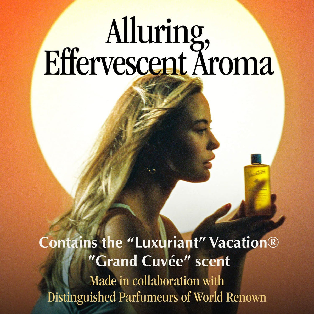 VACATION label detail emphasizing SPF 30, ingredient highlights and compliance