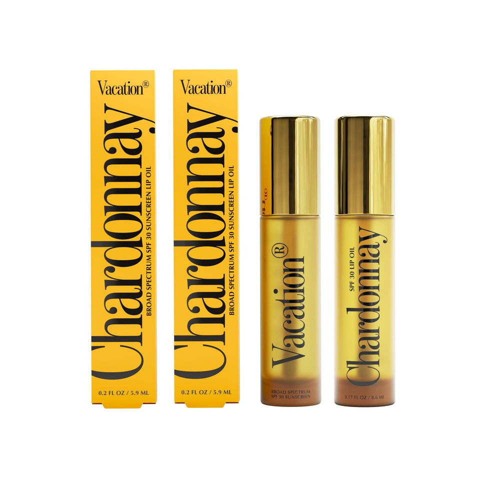 VACATION front packaging showing two lip oil tubes and SPF protection