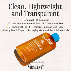 VACATION oil applied on arm showing sheer finish and camera-ready glow