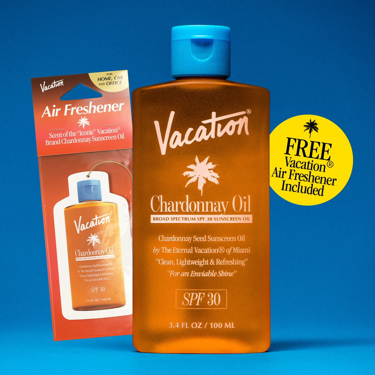 VACATION label and ingredients panel showing natural oil blend and SPF clarity
