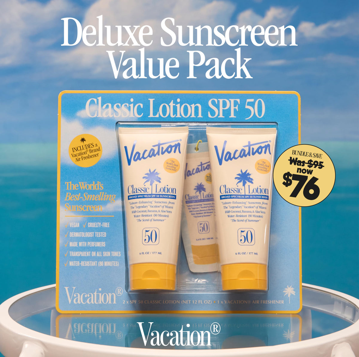 VACATION applying lotion on arm demonstrating no white cast benefit
