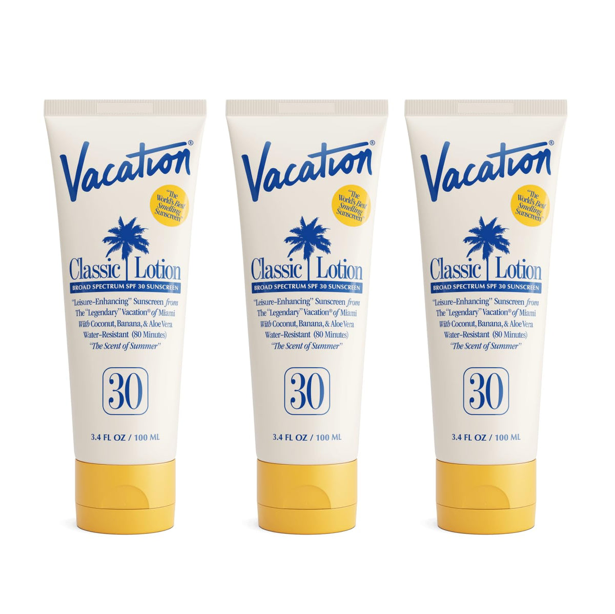 VACATION front packaging showing three travel-size tubes and SPF 30 benefit
