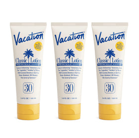 VACATION front packaging showing three travel-size tubes and SPF 30 benefit