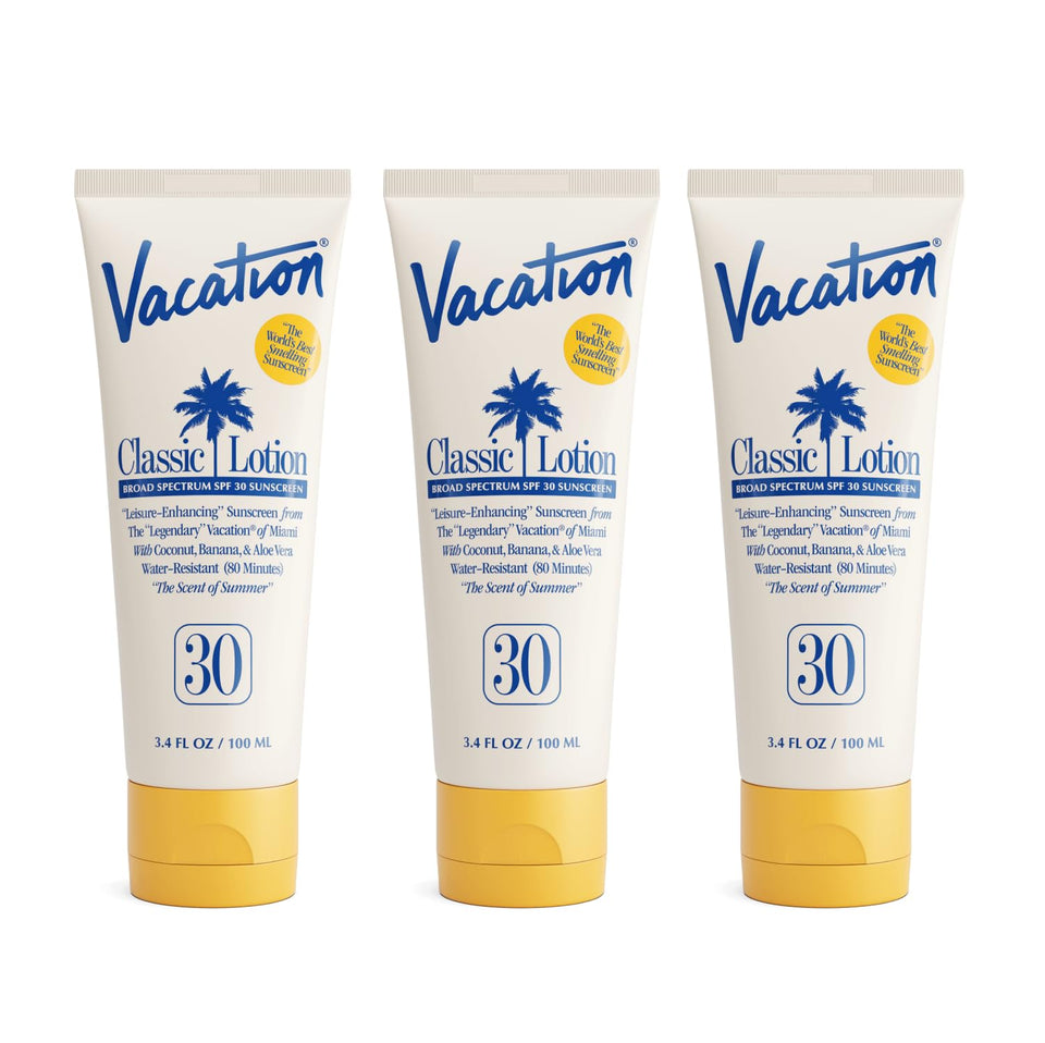 VACATION front packaging showing three travel-size tubes and SPF 30 benefit