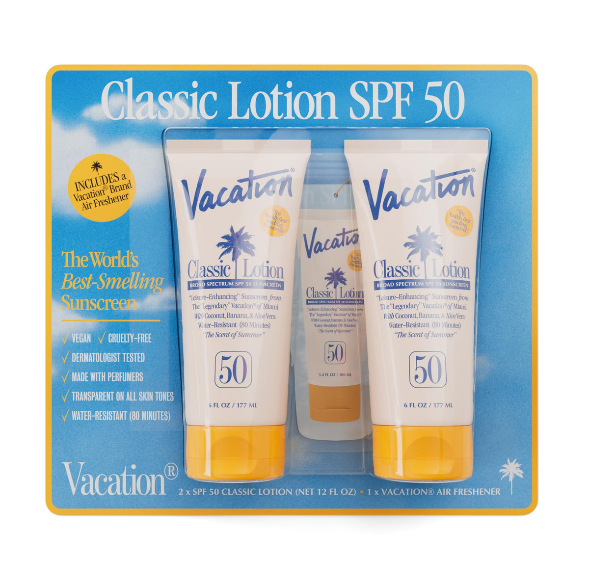 VACATION front packaging showing SPF 50 and pack benefits