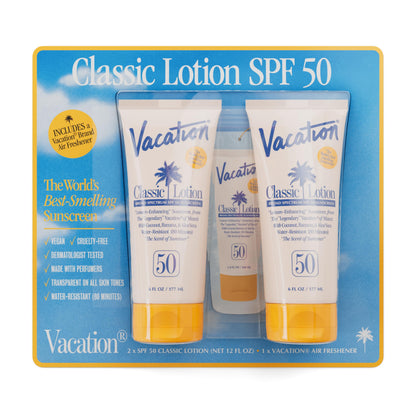 VACATION front packaging showing SPF 50 and pack benefits