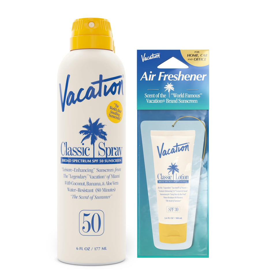 VACATION front packaging showing SPF 50 and lightweight benefit