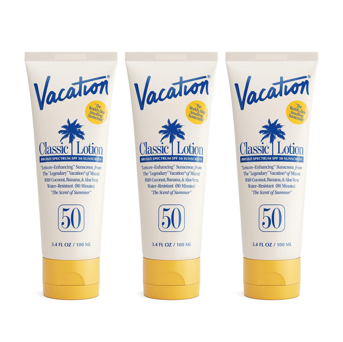 VACATION front packaging showing three travel-size SPF 50 bottles and portability benefit